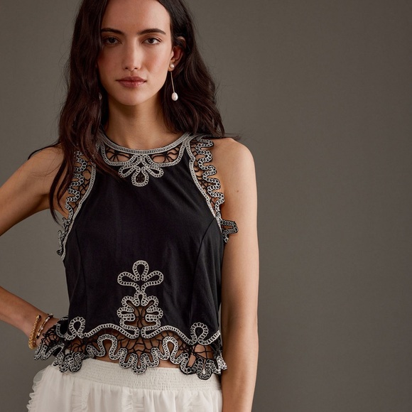 Anthropologie Tops - Anthropologie Black Tank Top with White Eyelet Trim
